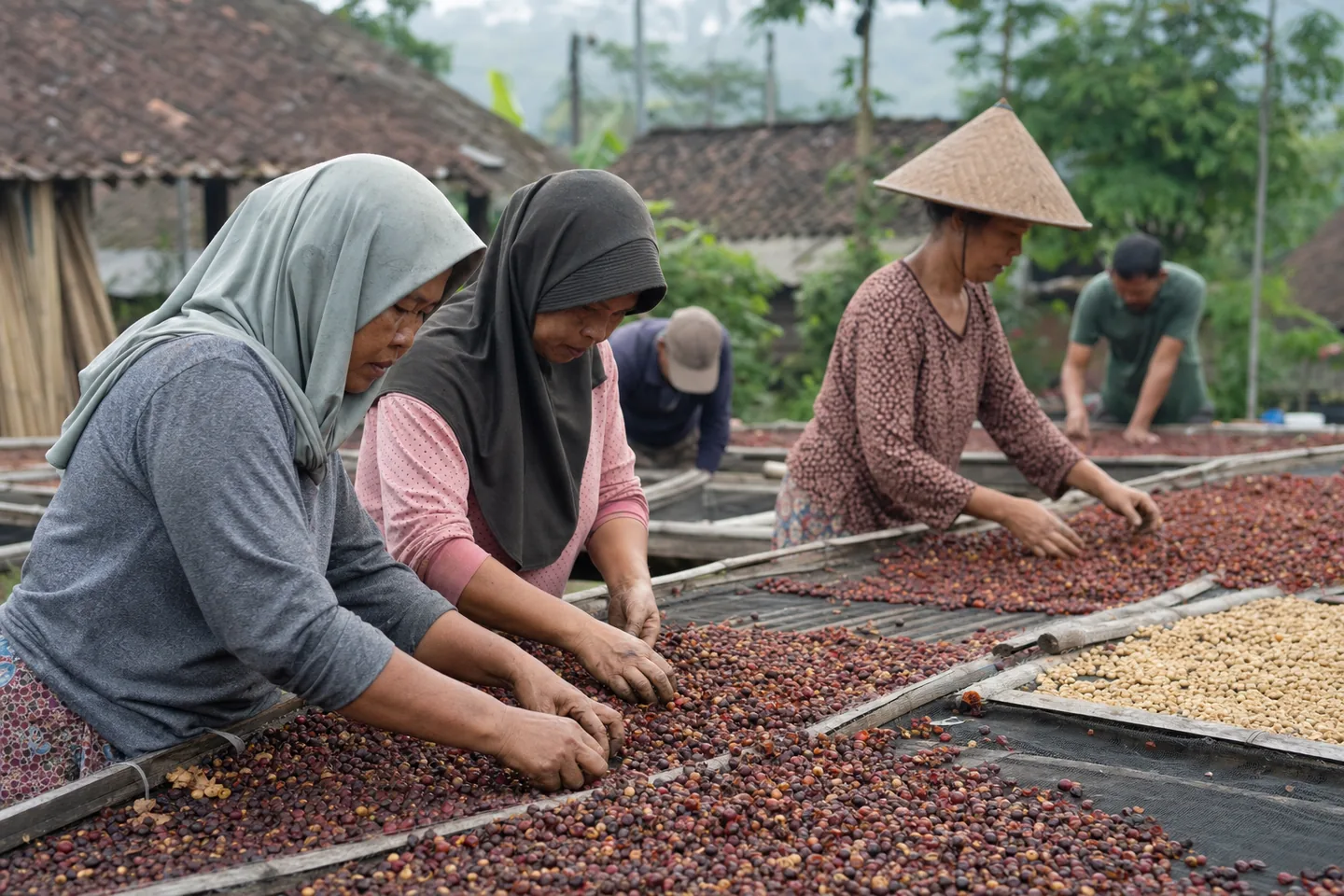 Coffee workers sorting coffee fruit skins on drying racks in a Central Java village
