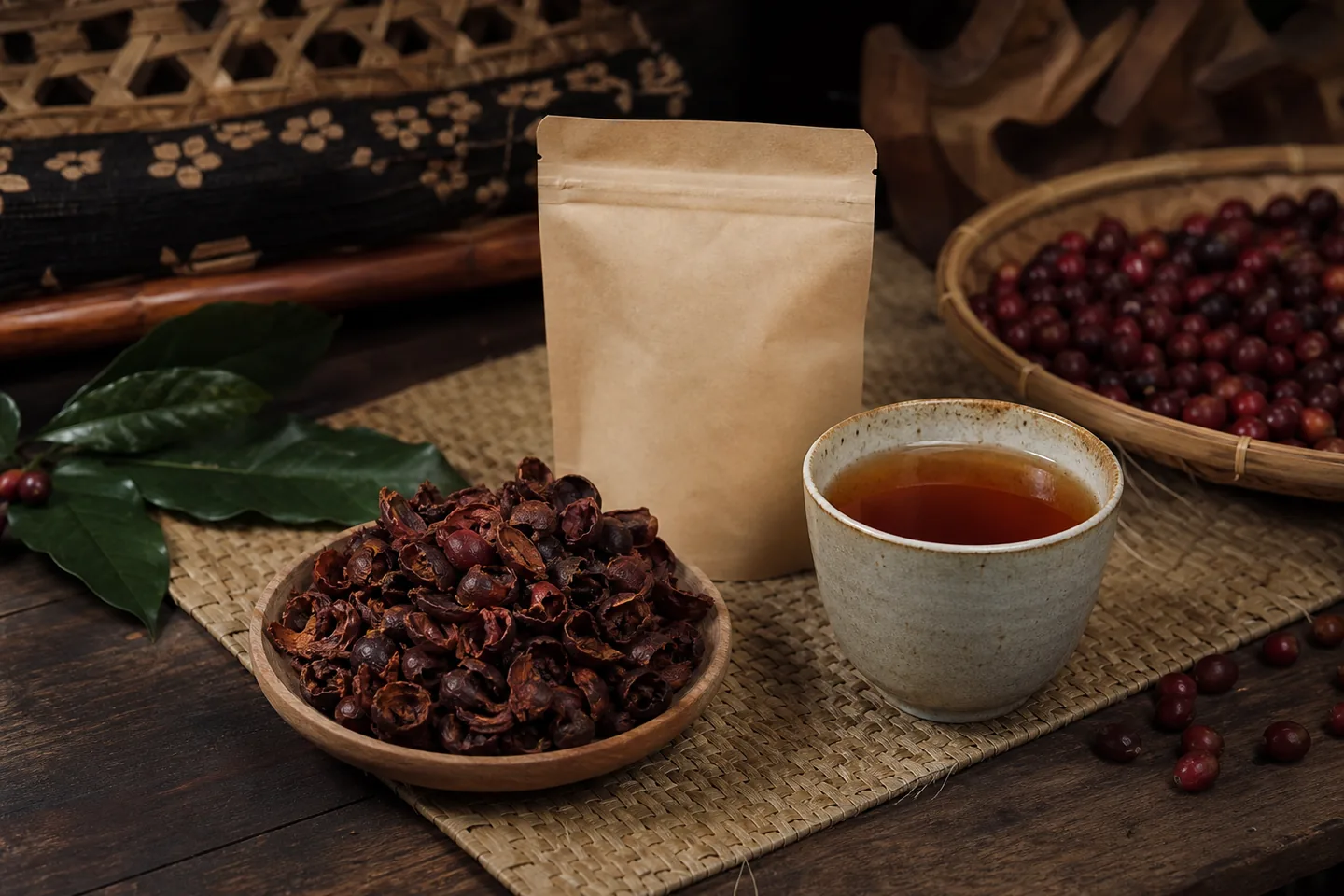 Dried coffee fruit skins beside a warm infusion and an unlabelled sample pouch