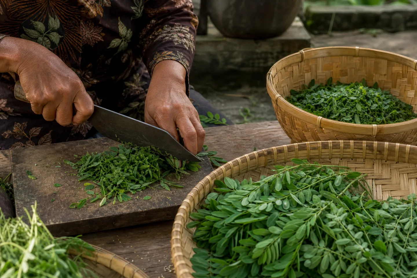 Hands preparing harvested forage with simple tools and woven baskets